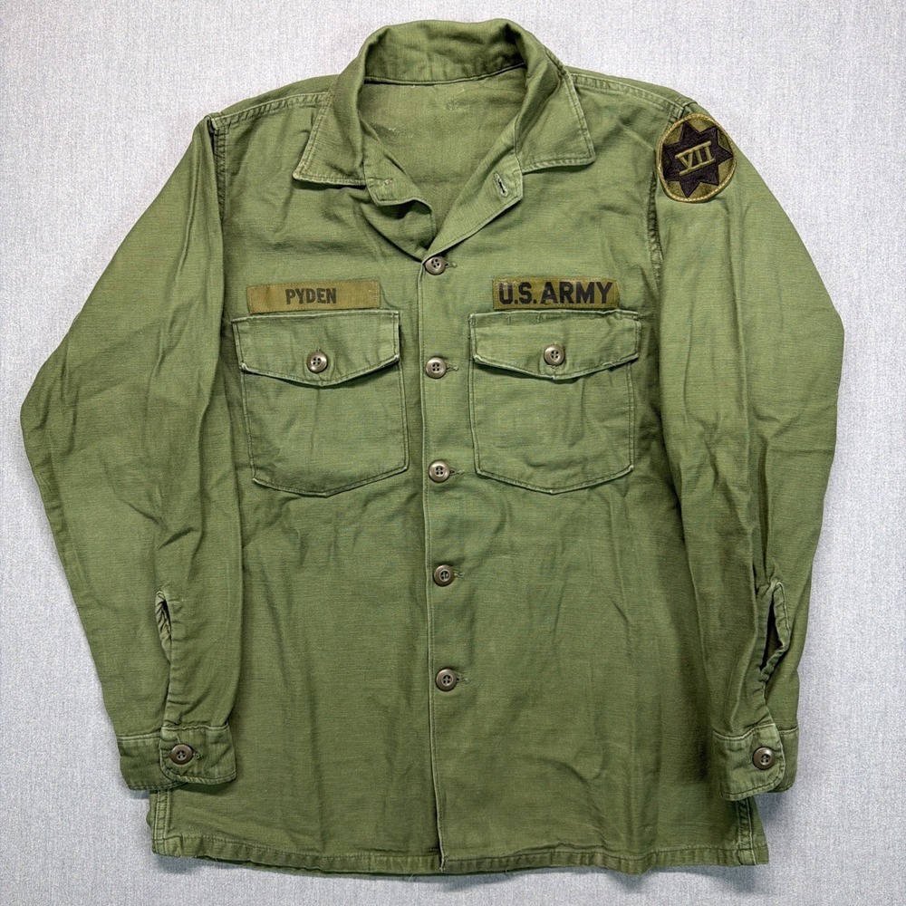 Vintage 60s US Army Sateen Fatigue OG 107 Field Shirt Men's Large Vietnam 1969